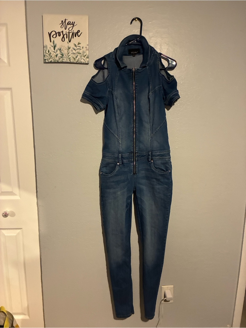 Y2K Baby Phat Blue Denim Jumpsuit Short Sleeve Zip Front Cold Shoulder Size 7